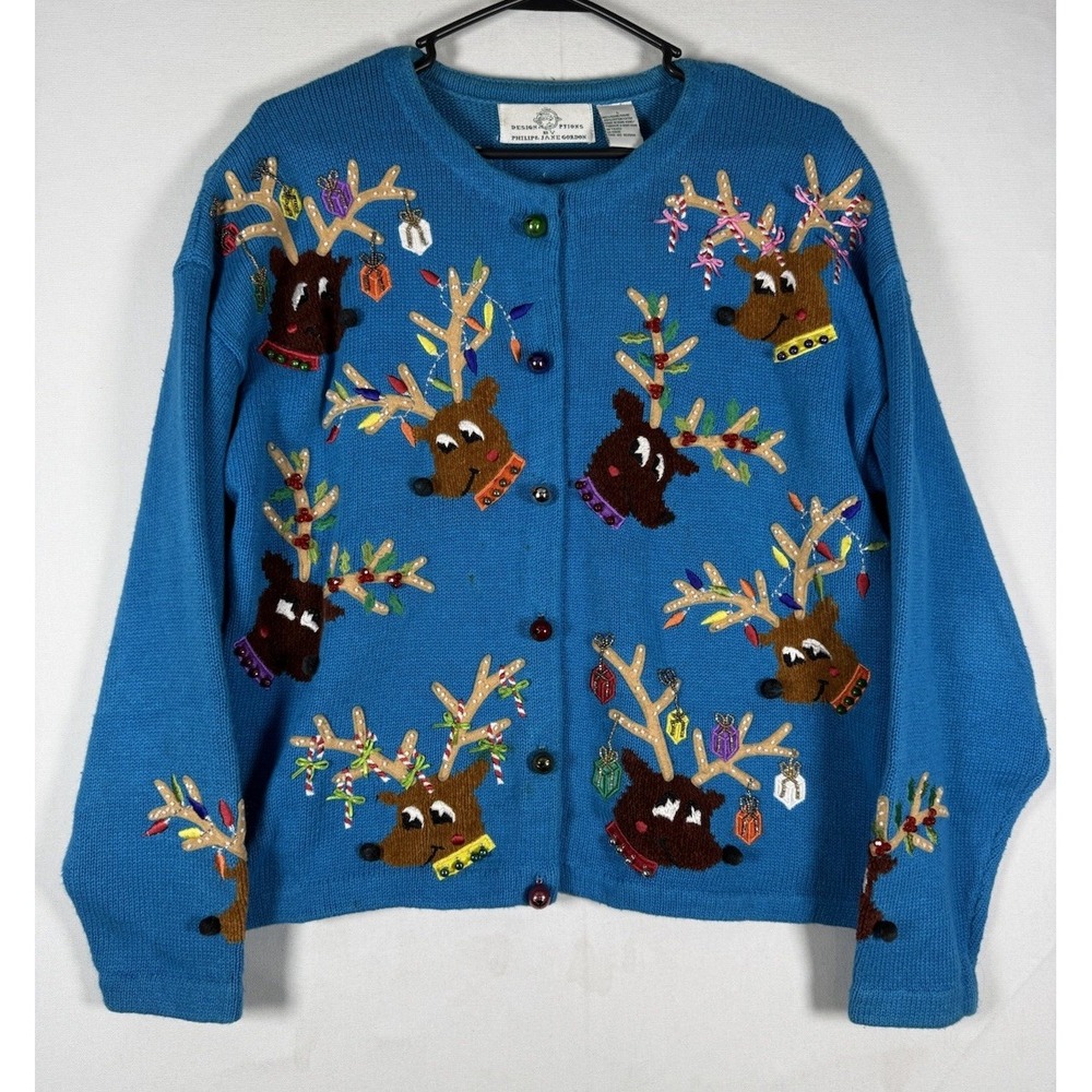 VTG Ugly Christmas Sweater Large Design Options Philip & Jane Gordon Reindeers